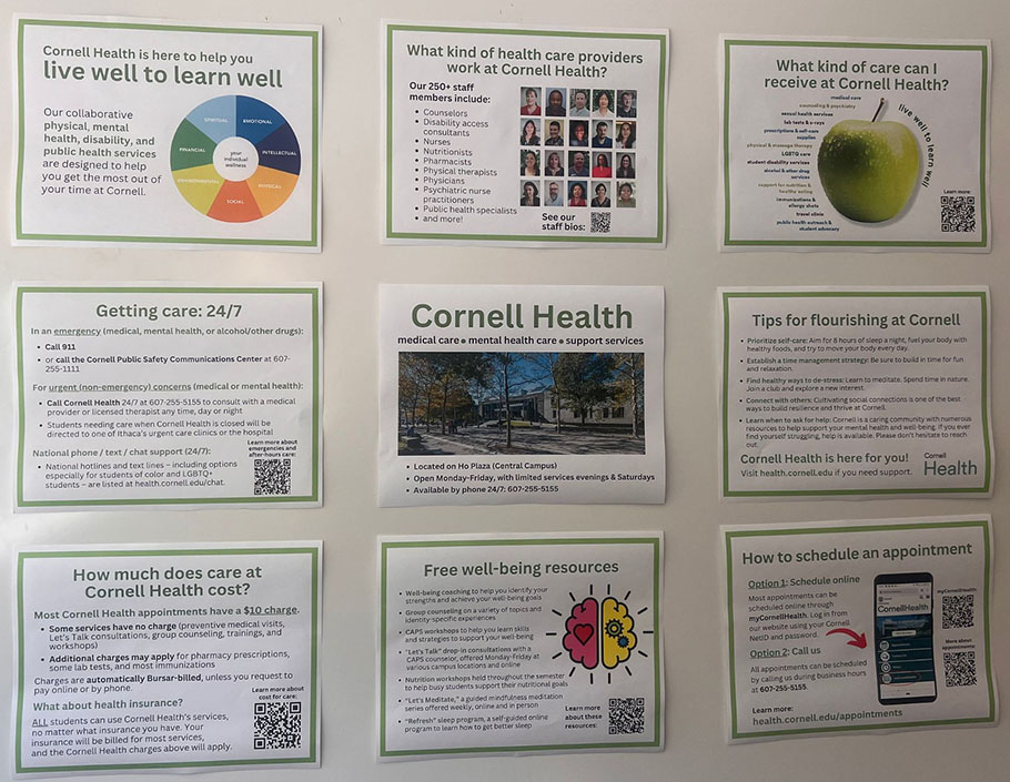 mock-up of Cornell Health bulletin board